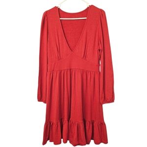 Halara Everyday Red DahliaV-Neck Ruffled Hem Casual Mini Dress Sz Large NWT